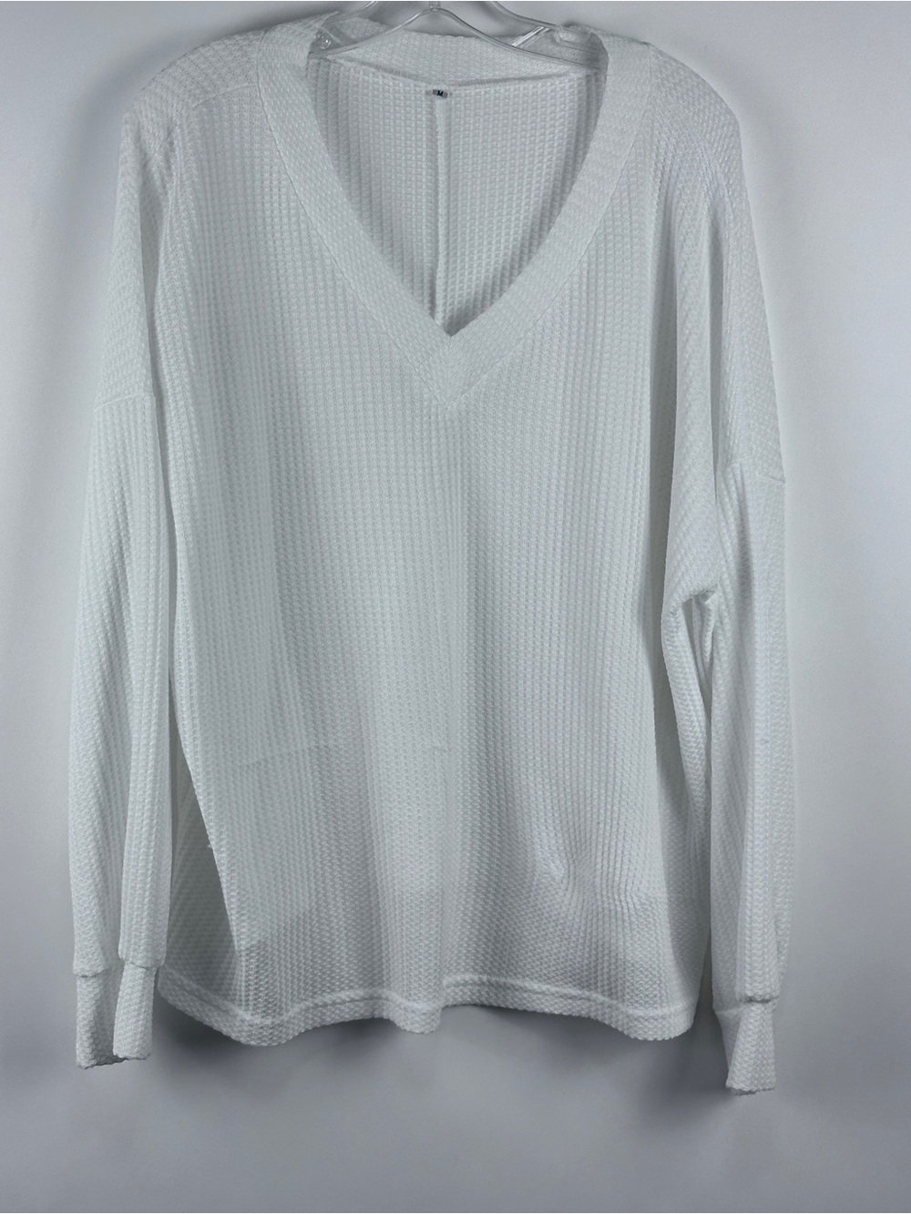 Women's White Waffle Knit V-Neck Long Sleeve Thermal Lightweight Pullover Top